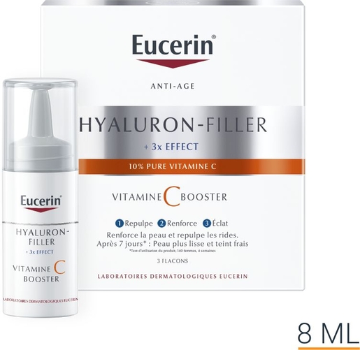 Eucerin Hyaluron-Filler +3x Effect Vitamine C Booster Anti-Rides &amp; Anti-Âge Flacons 3 x 8ml | Soins spécifiques