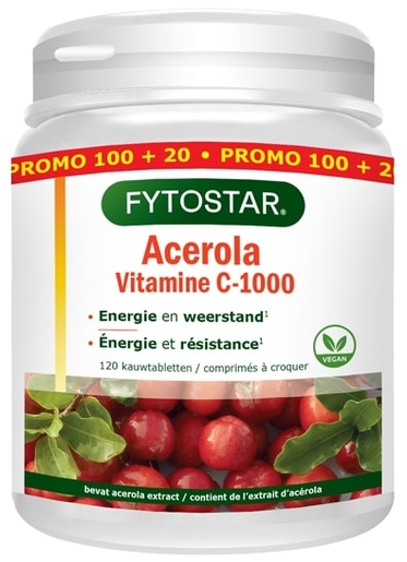 Fytostar Vitamine C-1000 Acérola 100 Comprimés à croquer (+ 20 Comprimés Gratuits) | Défenses naturelles - Immunité